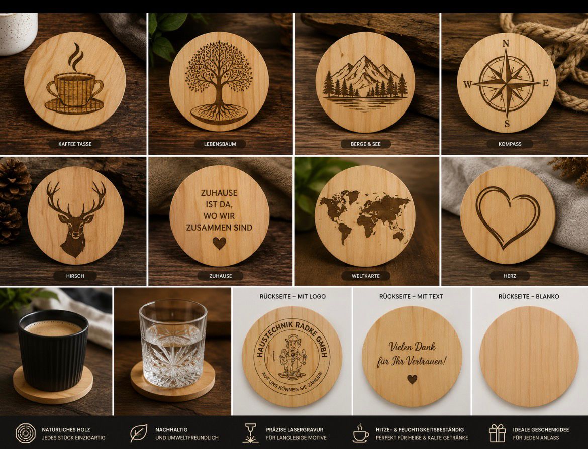 Holz-Untersetzer mit Lasergravur, verschiedene Motive