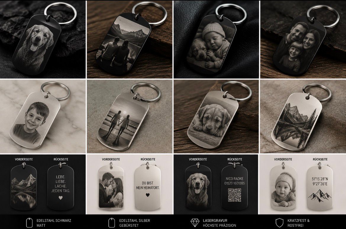 Edelstahl-Dogtags mit Fotogravur in Schwarz und Silber